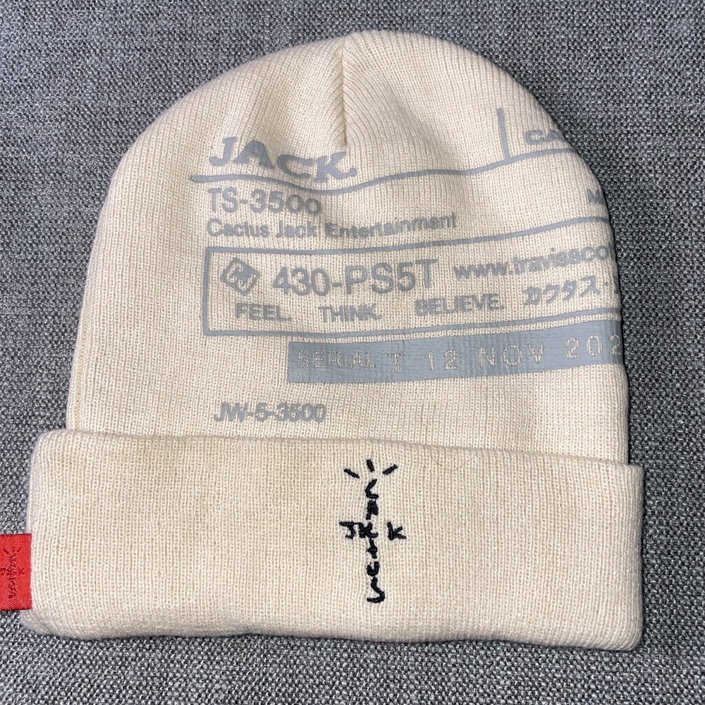 Travis Scott JW-5-3500 Serial T 12 Nov 2020 Beanie Hat Mens Beige Tight Knit